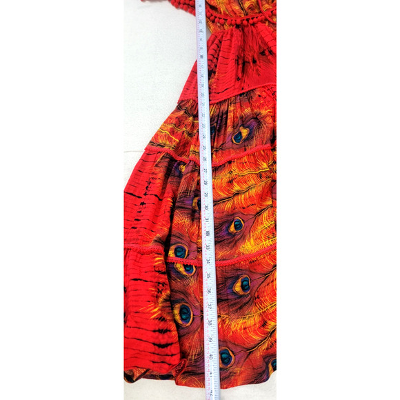 Rose by Paruay Boho Maxi Dress Red Peacock Feather Print Off Shoulder Tassel M/L - Picture 11 of 11